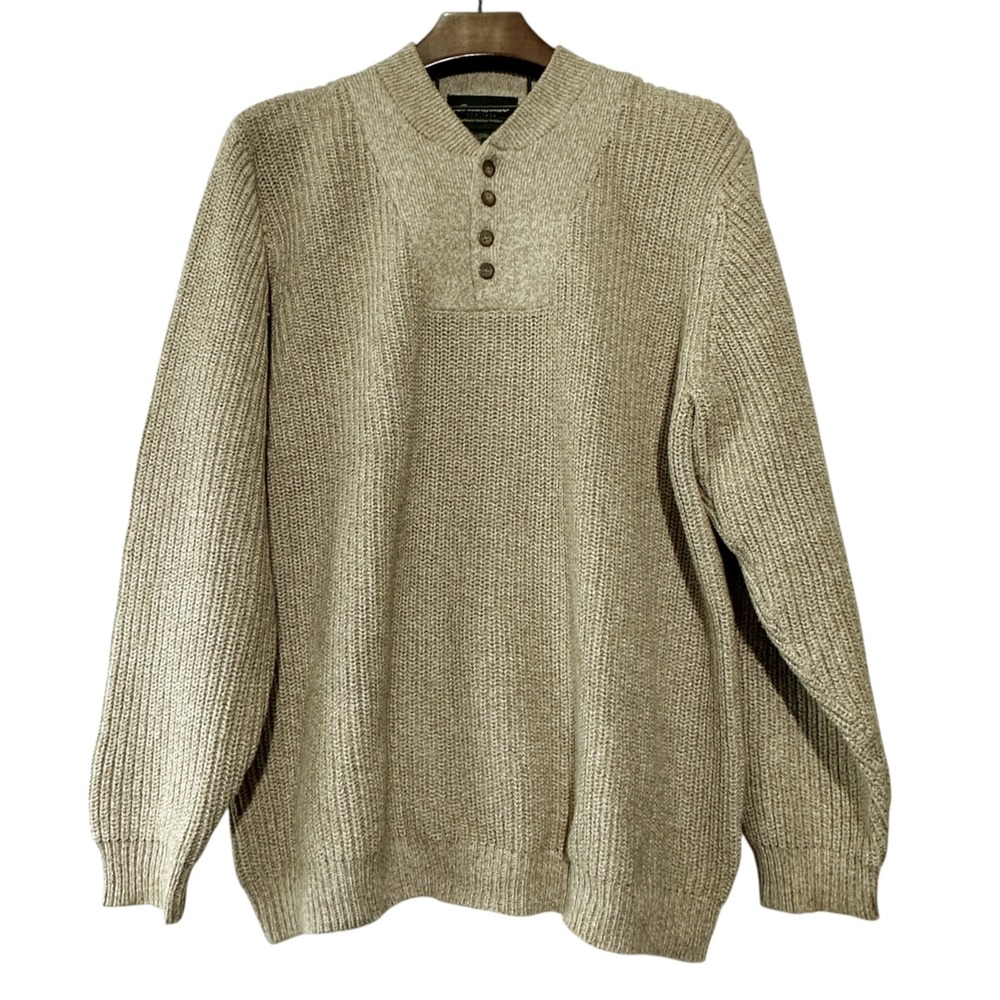 EDDIE BAUER Heritage Vintage Henley Sweater‎ Beige 100% Cotton Chunky Knit 2XL - Picture 2 of 9